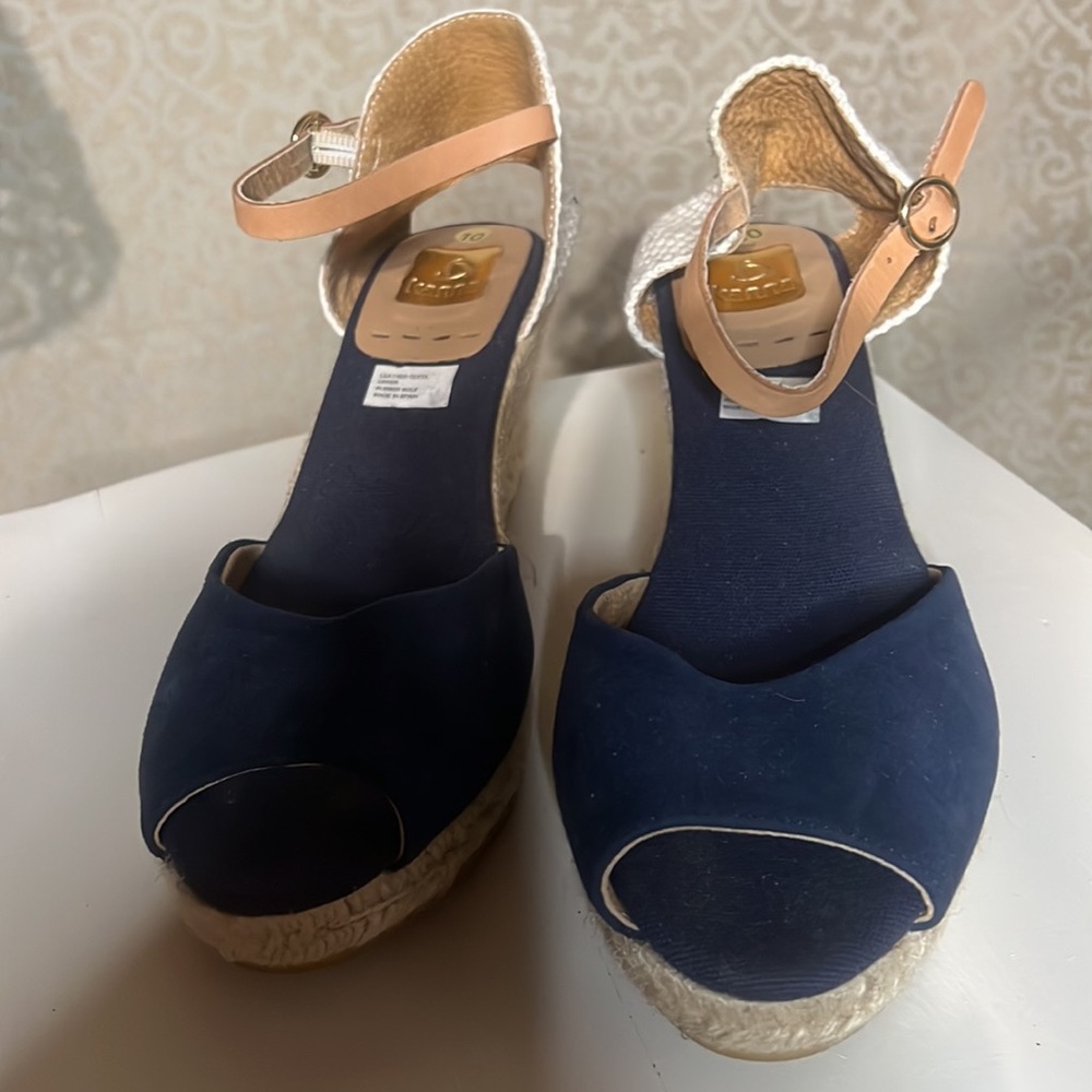 Navy Blue Espadrille Wedge, Leather upper, Size 10 - Picture 2 of 5